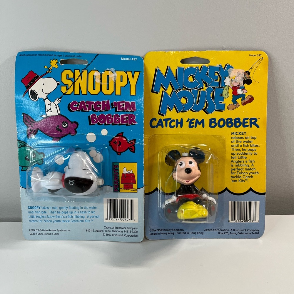 Vintage Snoopy and Mickey Mouse Catch 'Em Bobber Set